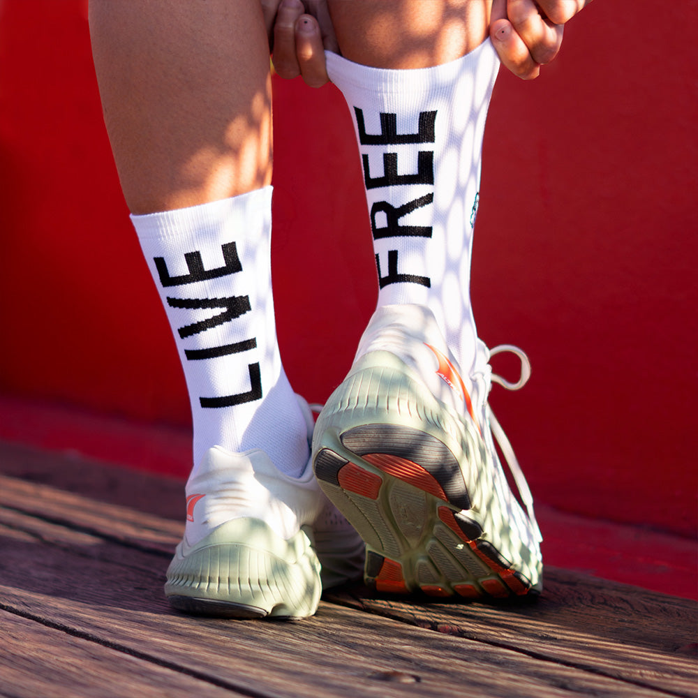 White Technical Socks for Running and Cycling LIVE FREE Pacific and Co